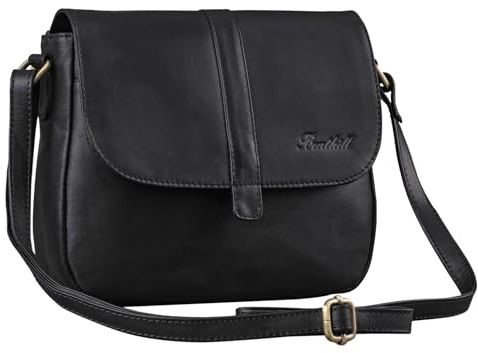 Benthill Damen Tasche aus Echt-Leder - Handtasche aus Rindsleder - Schultertasche mit Reißverschluss - Vintage Umhängetasche, Farbe:Schwarz