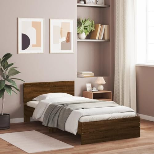 Gecheer Bettgestell mit Kopfteil Bettrahmen Holzbett Modern Jugendbett mit Lattenrost Gästebett Futonbett Bett Doppelbett Einzelbett für Schlafzimmer Gästezimmer Braun Eichen-Optik 100x200 cm