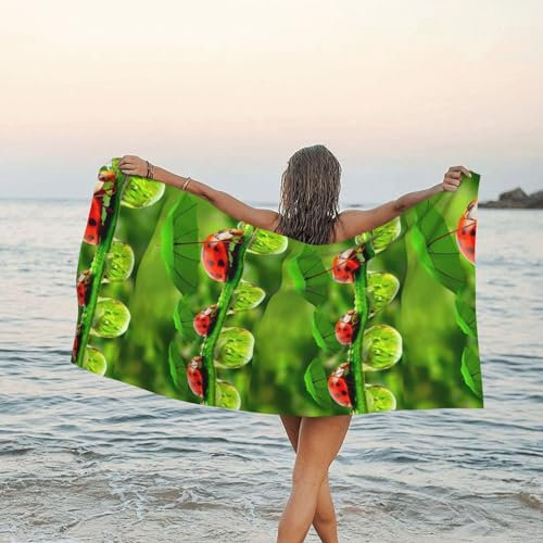 HAHAFU Lustiges Marienkäfer-Handtuch mit Regenschirmen, Mikrofaser-Handtuch, Badetuch, Strandtuch, bedruckt, weich, warm, saugfähig, personalisierbar, schnell trocknend