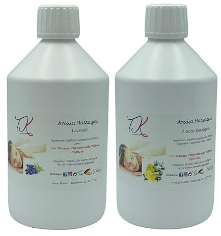 Aroma Massageöl Set-12 (2x500ml) für Massage, Physiotherapie, Wellness, Sport etc. in Pharma Qualität (1000ml, Lavendel & Zitrone-Eukalyptus)