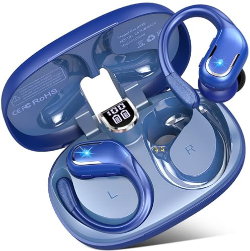 Wireless Earbuds, Bluetooth 5.3 Headphones Deep Bass, 75H Playback Sport Earphones with ENC Noise Cancelling Mic, Wireless Headphones with Earhooks IP7 Waterproof Running LED Display Headsets Blue