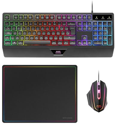 Mars Gaming MCP124, Combo Gaming 3en1, Teclado Ergonómico H-Mech LED RGB, Ratón RGB 3200DPI Switches HUANO, Alfombrilla Nanotextil 360x260mm, Compatibilidad Multiplataforma, Layout Francés, Negro