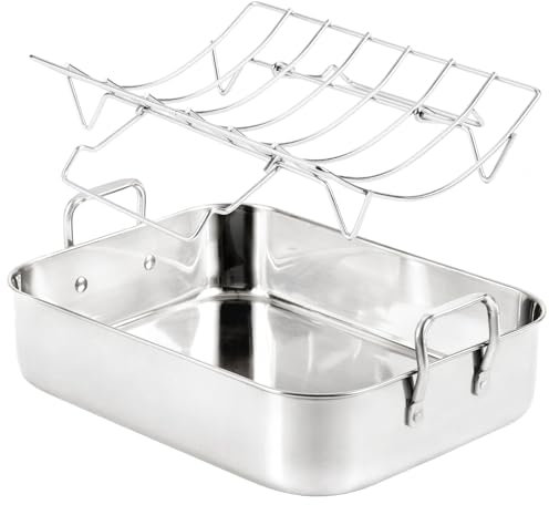 QPMR 16.5inch Roasting Pan with V-Shape Rack - Stainless Steel Large Turkey Roaster Pan for Turkey, Chicken, Ham Roaster with V-Shaped Baking Rack Heavy Duty Dishwasher Safe, Hold up to 22LB