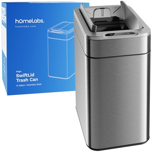 hOmeLabs 49L Sensor Bin – Automatic Bin with Retractable Butterfly Lid, Battery Operated, Stainless Steel, Space-Saving, Easy to Clean, Soft Close, Batteries Included