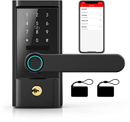 YQVEOT Smart Door Lock, Smart Door Lock Electronic Biometric Fingerprint APP Key Fobs Alexa Handle Keyless Entry Locks for Home for Home Bedroom Hotel Office Apartment(Black with APP)