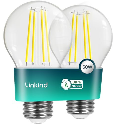 Linkind Ultraeffiziente E27 Lampe Vintage, 3,8W=60W, 2700K Warmweiß mit Energie Klasse-A, Filament A60 Edison 806 Lm, 320°Abstrahlwinkel, Klar, 2 Stück