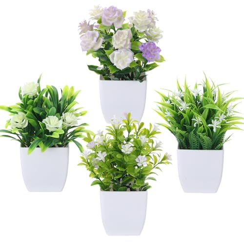 saerryor 4 Pack Small Fake Plants Mini Artificial Faux Plants with Flowers | Plastic Fake Flowers Plants for Home Bathroom Office Table Garden Decor