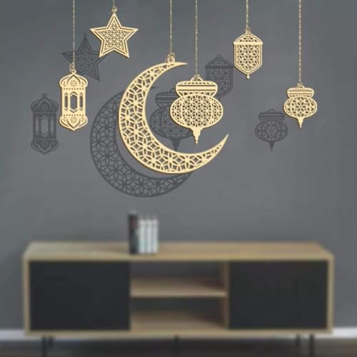 Mis.Moon 6 Stück Holz Ramadan Deko, Eid Mubarak Dekoration Anhänge, Mond Stern Laternen Form Hohlanhänger für Innen/Außen Ramadan Eid Party Dekoration