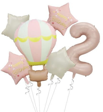 Tourima Heißluftballon Geburtstagsdeko 2 Jahr Mädchen,Folienballon 2 Geburtstag Mädchen,Ballon Deko 2.Heliumballons Geburtstag Deko Luftballons 2 Jahr Heißluftballon und Sterne Design, Rosa, 6-teilig