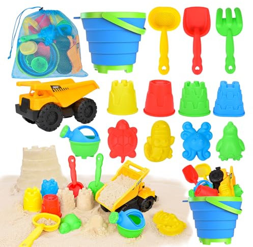 14Stück Sandspielzeug Strandspielzeug Junge mit Faltbarer Eimer Kinder Bagger Sandkasten Spielzeug, Sandförmchen Sandschaufel Kinder, Reise Sand Spielzeug mit Netztasche Set für ab Jungen Mädchen