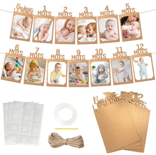 Banderole Photo Anniversaire 1 an, Bébé Photo Bannière 0-12 Mois pour Garçons & Filles - Décoration de Guirlande pour Fête de Premier Anniversaire