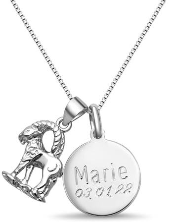 Sternzeichen Kette Steinbock 925 Silber mit persönlicher Gravur | Astrologie Geschenk für Damen & Herren | Talisman für Erfolg & Ambition | Inklusive 45cm Venezianerkette