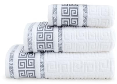 BESCH Set de 3 Toallas Diseño Greco Reversible – Algodón 100% Extra Suave y Absorbente – Tamaños: 30x50, 50x90 y 100x150 cm (Greco Blanco)