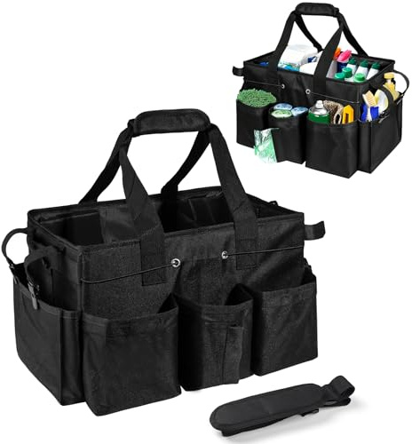 HUAXITRA Cleaning Caddy Bag with Handle - XXL 900D Waterproof Cleaning Tote for Housekeepers, Adjustable Shoulder Strap, Extra Large Multi-Pocket Storage Organizer for Cleaning Supplies (Black)