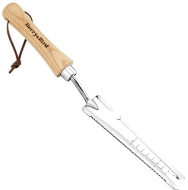 Berry&Bird Multifunktions-Unkrautjäter 37,8 cm, Unkrautstecher mit Stiel aus Eschenholz, Edelstahlkopf mit Maß Unkrautstecher, Handjätgerät für den Garten, Gras- und Erdflächen, für Graben Jäten Lösen