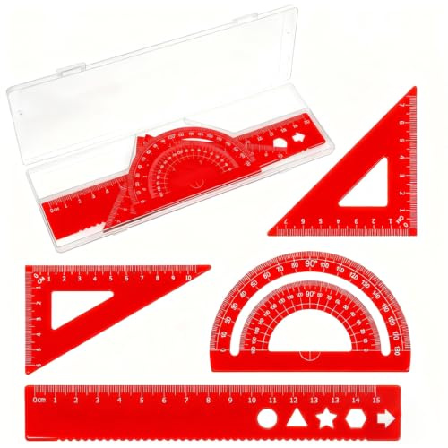 JEYORZY 4pcs Juego de reglas, Escuadra cartabon y transportador, conjunto de regla, reglas metalicas, reglas escolares reglas kit, conjunto de geometría para el maestro estudiante de la escuela, Rojo
