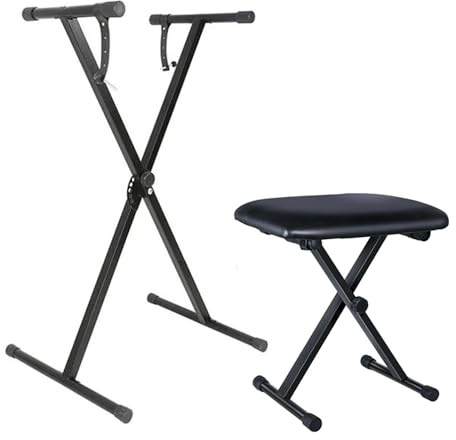 RATSTONE Taburete de Piano y Soporte para Teclado, soporte teclado piano， Juego de Taburete para Piano Plegable, X Ajustable en 7 Alturas，Teclado Acolchado Ajustable en 4 Alturas