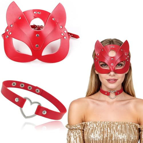 Catwoman Máscara de gato para mujer, media cara, piel de gato, máscara de piel rojo, máscara de cosplay para Halloween, fiesta de disfraces, carnaval