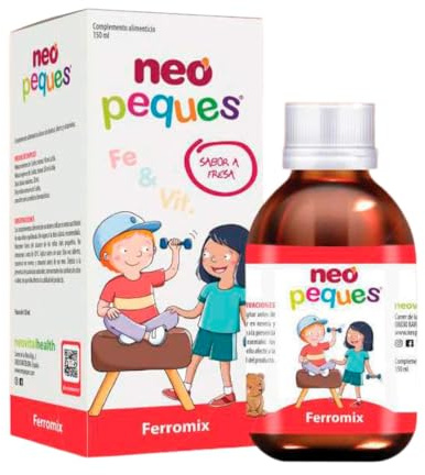 NEO PEQUES Ferromix - Jarabe para prevenir la anemia, la fatiga y favorecer el desarrollo físico y cognitivo de los niños - Complemento Natural con Hierro y Vitaminas B - Sabor Fresa - 150 ml