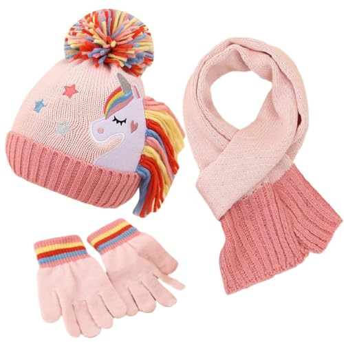 3 en 1 Ensemble Bonnet Écharpe Gants Enfant Filles Hiver Chaud Tricoté Chapeau avec Motif Licorne et Pompon, Enfant Hiver Accessoires Set pour Fille 3-6 ans