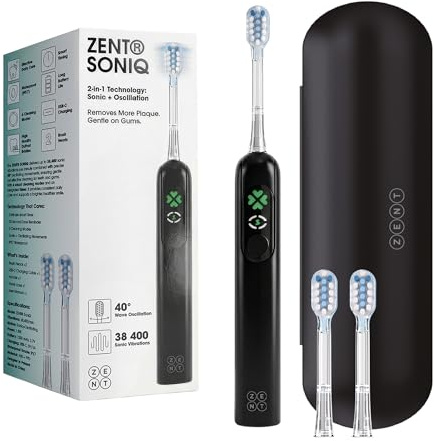 ZENT SoniQ Cepillo de dientes eléctrico sónico 2en1 | Ultrasonido 38.400 VPM Oscilación, IPX7, 4 modos, cepillo electrico con LCD, estuche de viaje, cable USB-C, 30 días batería