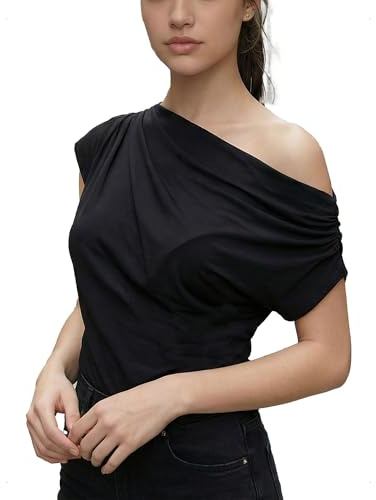 EMOTTOS Sexy Top Donna Asimmetrico con Spalla Scoperta e Increspata, Maglietta Maniche Corte Slim Fit, T-Shirt Top Elegante Fuori Spalla Manica Corta per Casual Feste Estivo, Nero, Taglia Unica