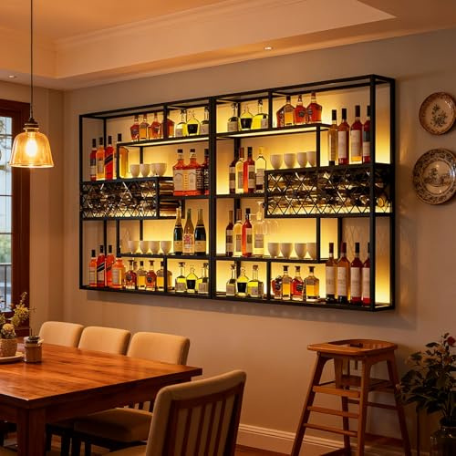 Dernoing Portabottiglie da Parete Metallico con LED, 3 Livelli Scaffale Sospeso per Vino e Liquori, Grande Espositore Modulare per Bottiglie e Bicchieri, Mensola Portavino per Bar (nero, 300cm)
