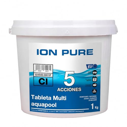 Cloro Compacto 5 ACCIONES Ion Pure (1 KG) - Pastillas de Cloro multifunción - Disolución Lenta - Apto Piscinas Liner