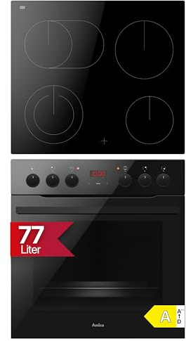 Amica Einbauherd Set 60 cm 77 L rahmenlos Glaskeramik Schwarz ACHE 93410 S | 11 Backofenfunktionen, Zweikreis-Zone, Bräter-Zone, SoftClose Tür, CoolDoor3, SensorControl Timer, Versenkknebel