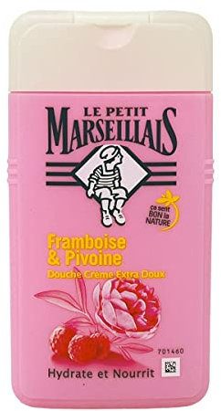 Le Petit Marseillais | Crème de Douche Extra Douce Framboise Bio & Pivoine (flacon de 250 ml) – Gel douche avec 92 % d'ingrédients d'origine naturelle – pH neutre pour la peau et sans colorant