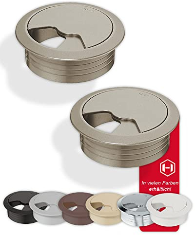Gedotec Kabeldurchführung Schreibtisch aus stabilem ABS Kunststoff | 2 Stück runde Kabeldurchlässe 60mm | Entry | Kabeldose Edelstahl Optik | Kabelführung zum Eindrücken | kabelkanal Schreibtisch