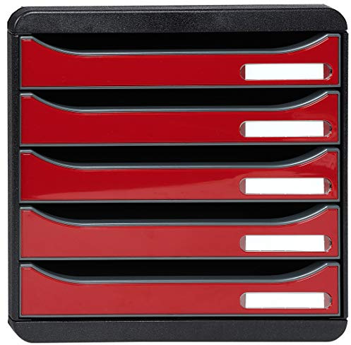 Exacompta 3097218D Premium Ablagebox mit 5 Schubladen für DIN A4+ Dokumente. Stapelbare Schubladenbox mit hoher Kapazität für mehr Platz auf dem Schreibtisch Big Box Iderama Schwarz|Karminrot