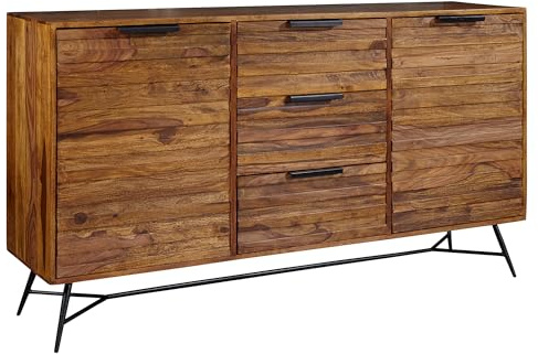 FineBuy Sideboard 160x40x88 cm Sheesham Massivholz, Metallgestell | Kommode Industrial mit 2 Türen und 3 Schubladen, Anrichte aus Echtholz mit Stauraum, handgefertigt
