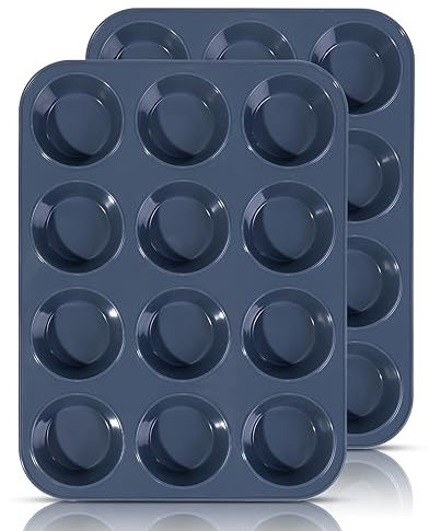 SUPER KITCHEN Molde de Silicona Grande para 12 Magdalenas, Juego de 2 Bandejas para Hornear Muffin con Recubrimiento Antiadherente para Muffins, Cupcake, Brownie, Pudín 33 x 25x 3 cm (Gris)