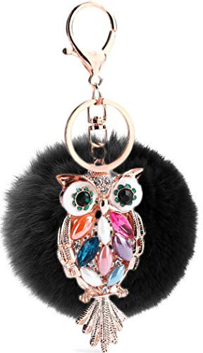 Canarea Schlüsselanhänger plüsch ball Eule strass Taschenanhänger bommel Keychain ElegantAuto-Anhänger Plüsch-Kugel Pompom Glitzer Weich Schlüsselring Handtaschenanhänger Dekor (Schwarz)
