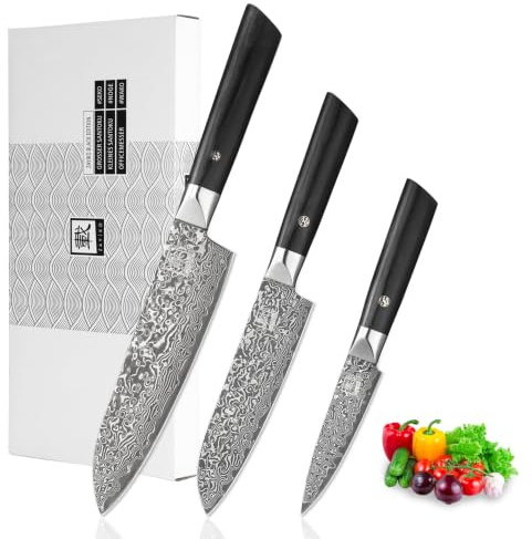zayiko Black Edition 3er Damastmesser-Set, 67 Lagen Damaststahl, VG10 Kern | Santoku, kleines Santoku, Officemesser; schwarze Klingen, Pakkaholzgriffe, V-Schliff 15° beidseitig, 60±2 HRC, in Geschenkbox