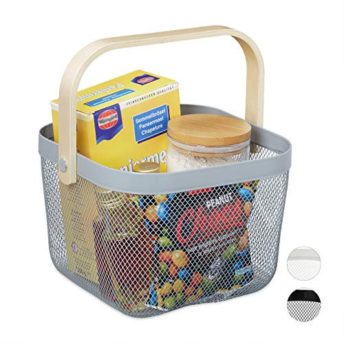 Relaxdays Aufbewahrungskorb, mit Henkel, Kleidung, Deko, Kosmetik, Stahl & Holz, Utensilienkorb, 17,5x26x24,5 cm, grau