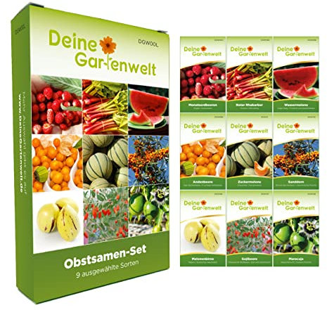 Obstsamen Set - 9 Sorten Samen - Saatgut Sortiment - Anzuchtset für Obst - Geschenkset - Wassermelone, Physalis, Erdbeere, Honigmelone, Melonenbirne, Rhabarber, Goji und mehr