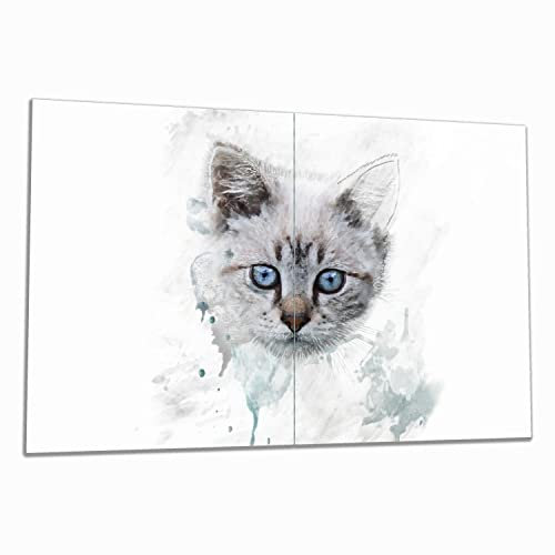 Wallario Herdabdeckplatte/Spritzschutz aus Glas, 2-teilig, 80x52cm mit 13 mm hohen Füßen, für Ceran- und Induktionsherde, Katze in Wasserfarben gemalt