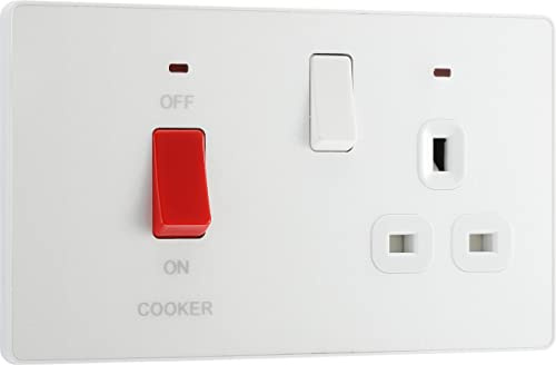 BG PCDCL70W Interrupteur de cuisinière électrique avec prise et LED, prise de contrôle, double pôle, plaque avant sans vis, Evolve, blanc nacré, 45 A, PCDCL70W
