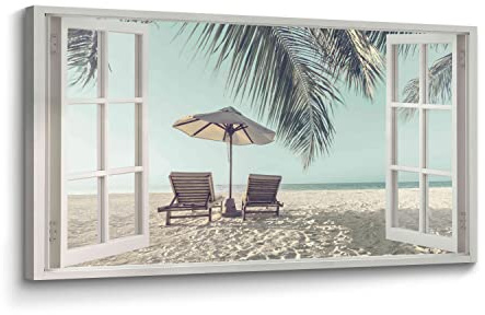Window Beach Wall Art Canvas: Relaxing Coastal Scene Picture Tropical Sea Landscape Painting Print Decor Horizontal Bedroom Living Room Summer Seaside Seascape Artwork for Home Office