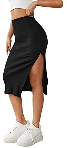 GORGLITTER Kjol med slits, lång knälång kjol för damer, stickad kjol, midikjol med hög midja, stretchkjol för damer, knälång elegant kjol, svart, XS