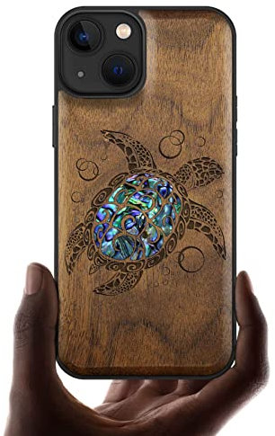 Carveit Coque magnétique pour iPhone 13 Étui de Protection TPU Coque [Gravure en Bois et Incrustation de Coquille] Compatible avec 13 Magsafe Artistique Coque (Noyer-Tortue de mer)