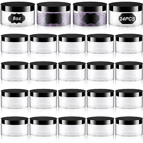 Dandat 24 Pcs 8 oz Plastic Jar Container with Lid and Label Refillable Empty Round Clear PET Cosmetic Sample Slime Containers for Lotion, Cream, Ointments, Body Butter, Makeup, Travel Storage