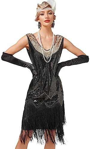 Odizli Damen Vintage Glitzer Pailletten 20er Jahre Flapper Fransenkleid Sexy Ärmellos V-Ausschnitt Hochzeit Party Cocktailkleid