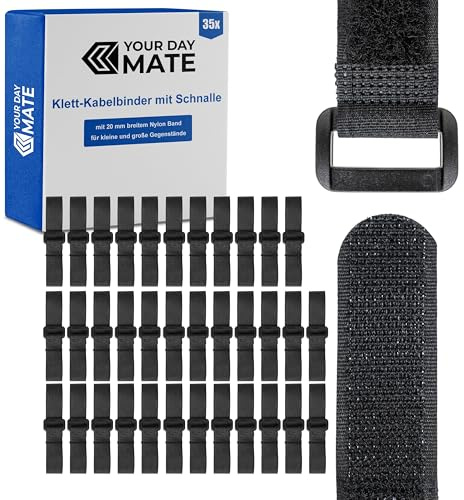 Kardborreband med spänne, 35-pack, sex storlekars set, i svart, nylonkabel Kardborreband, spänne Kardborreband, återförslutningsbar kabelorganisatör, buntband Kardborreband, klämkabelband