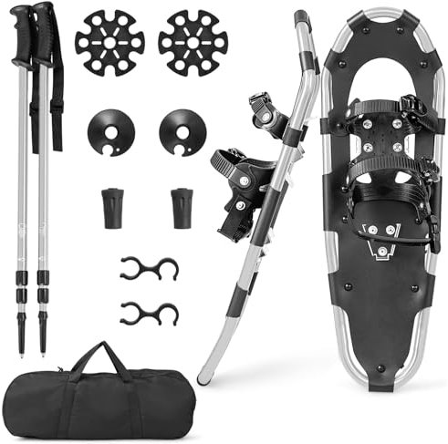COSTWAY Ciaspole da Neve 4 in 1 per Uomini, Donne e Ragazzi per Scarpe 35-45 in Alluminio con Sistema di Perno Flessibile Doppio, Bastoncini Regolabili e Borsa, Adatte per 30-130 kg (Argento, 53 cm)