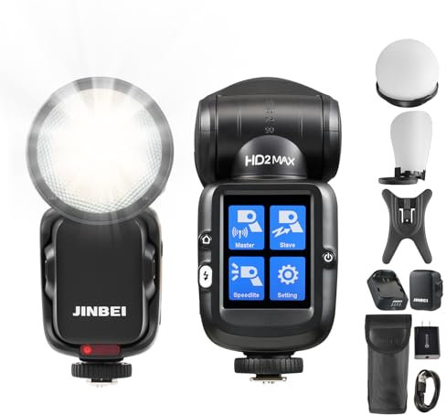 JINBEI HD-2MAX Flash Professionnel TTL avec Tête Ronde - HSS 80Ws 2.4GHz, 1/8000s Sync, 500 Éclairs Puissants, Compatible C/N/F/O/P (Studio/Portrait/Extérieur)