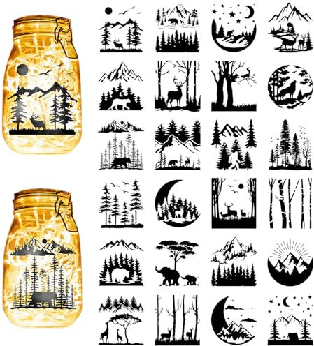 CREATCABIN 24Pcs Forest Silhouettes Mason Jar Decor Mountain Lantern Laser Cutouts Ornaments Animals Scrapbook for Frosted Glass Wall Window Cars DIY Crafts Xmas Black 3.9x3.5Inch(No Sticker)