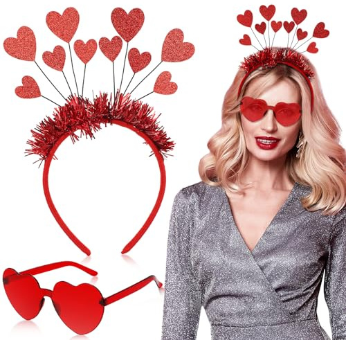 Sinmoe 2 Stück Valentinstag Herz Randlose Sonnenbrille Herz Stirnband Set Glitzer Pailletten Herz Kopfbopper Stirnband Hippie Herzförmige Transparente Sonnenbrille für Damen Herren, Rot